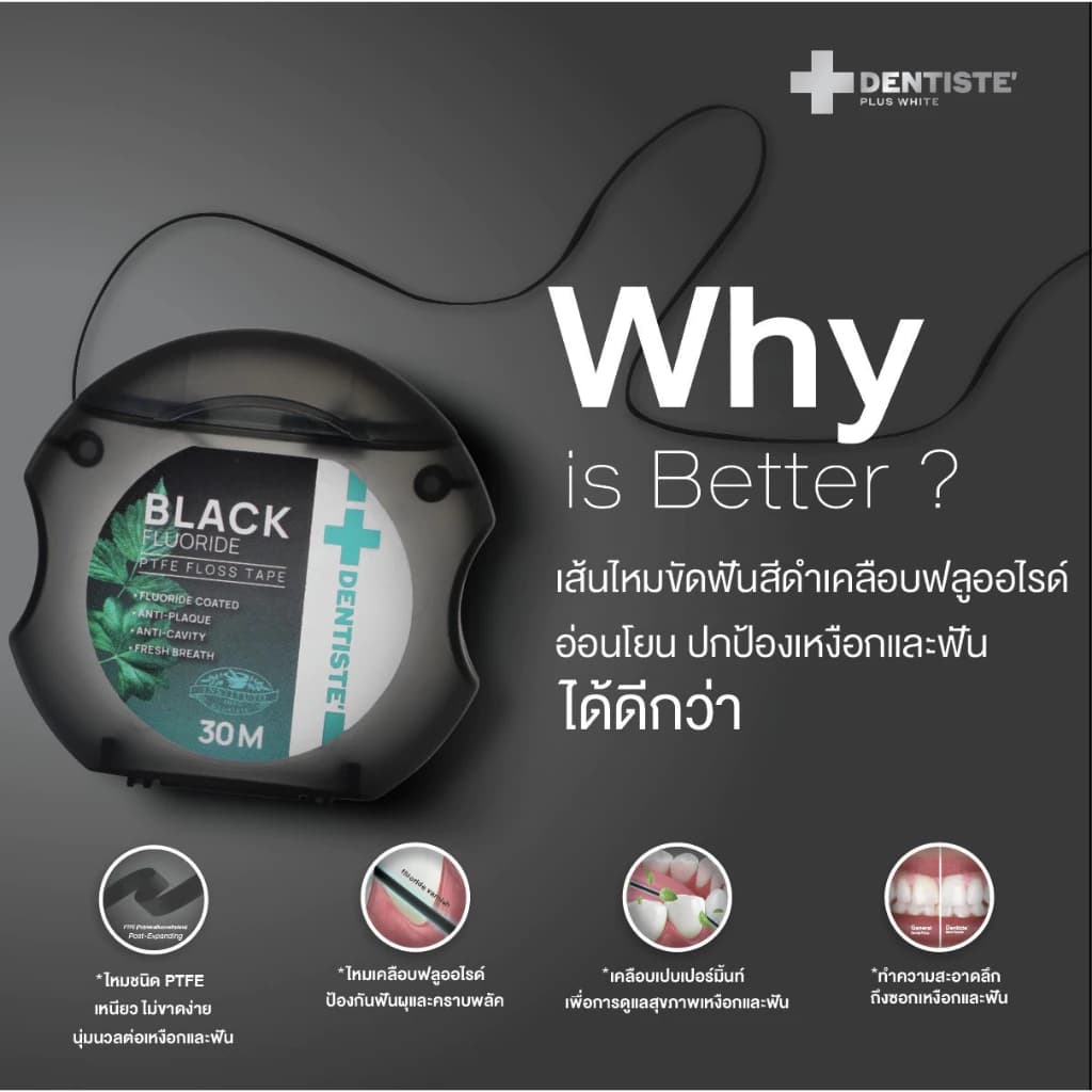 Dentiste' Dentiste Dental Black PTFE Floss Tape with Fluoride 30m ไหมขัดฟันเคลือบฟลูออไรด์ ขจัดคราบพลัค ป้องกันฟันผุ นุ่มพิเศษ ทำความสะอาดลึกถึงซอก https://lnwchill.com