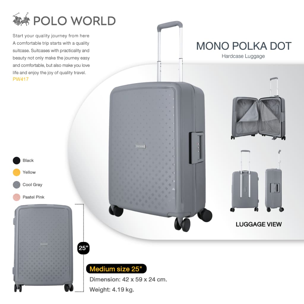 POLO WORLD รุ่น PW417 กระเป๋าเดินทาง Hardcase ลาย Polka Dot วัสดุ Polypropylene แข็งแรงทนทาน ล้อลากคู่ 360 องศา พร้อมระบบ TSA Lock https://lnwchill.com