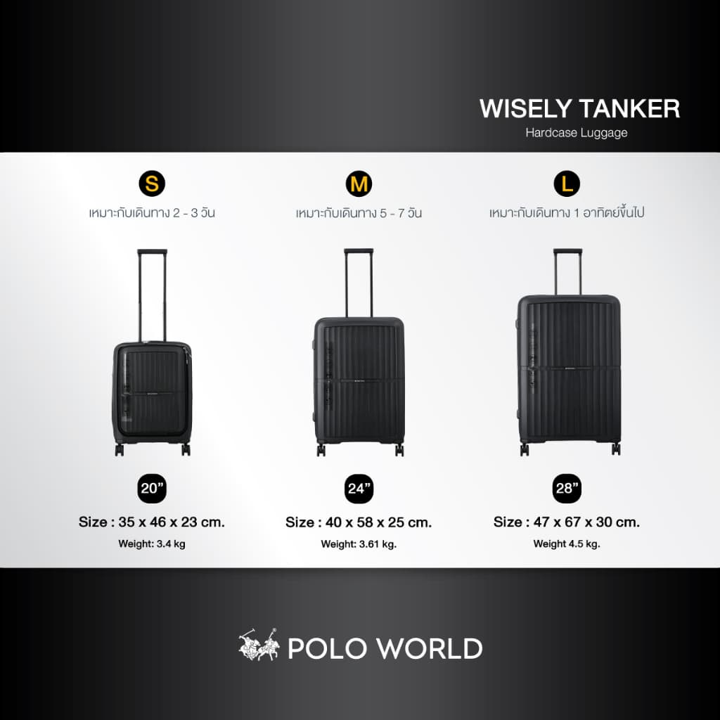 POLO WORLD รุ่น PW418 Wisely Tanker Hardcase Luggage กระเป๋าเดินทางล้อลากวัสดุ PP แข็งแรงทนทาน พร้อมระบบ TSA Lock รับประกัน 2 ปี https://lnwchill.com