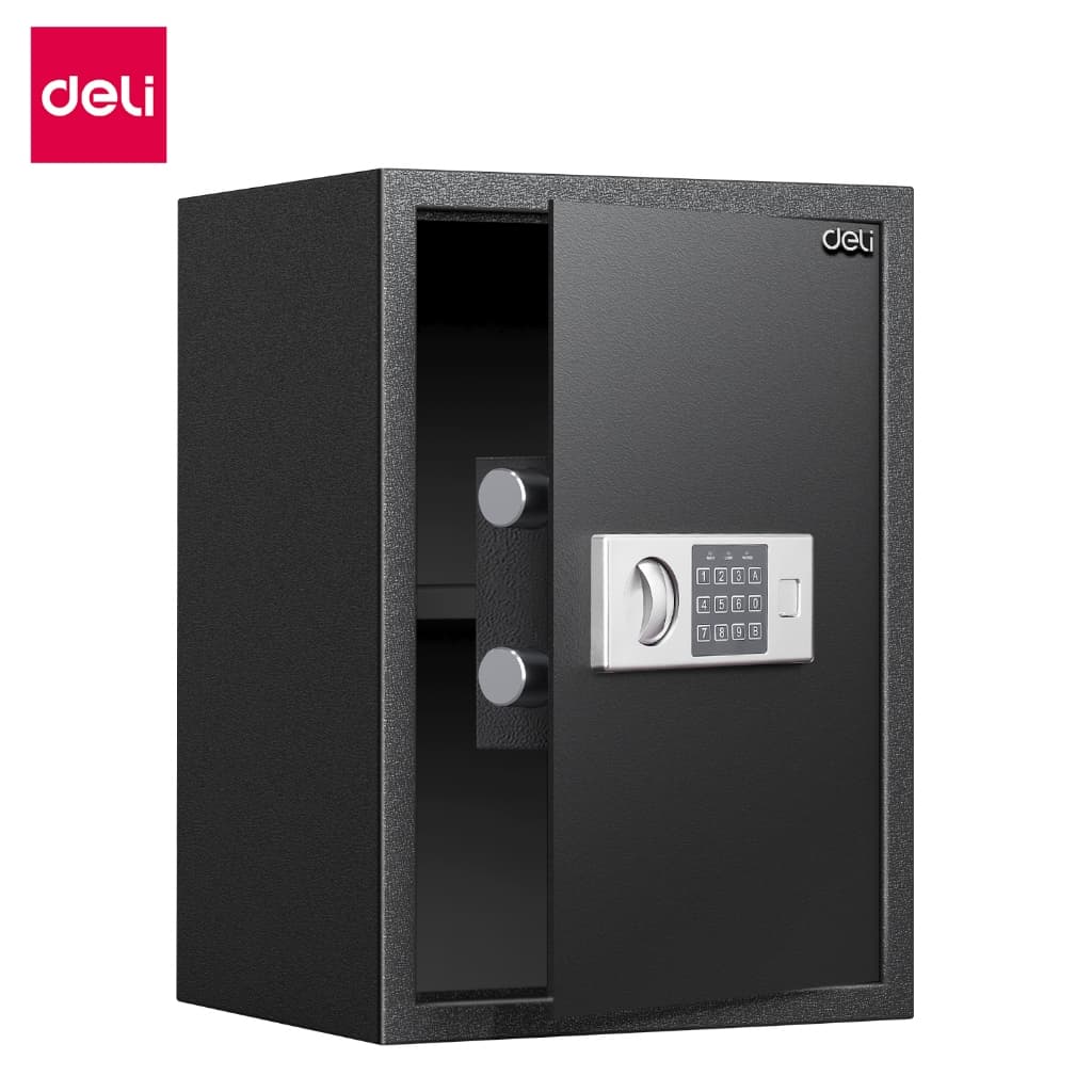 Deli รุ่น ET52 ตู้เซฟนิรภัยระบบอิเล็กทรอนิกส์ สีดำ ป้องกัน 2 ชั้นด้วยกุญแจและรหัสผ่าน มีให้เลือกหลากหลายขนาดตามความต้องการใช้งาน เหมาะสำหรับเก็บทรัพย์สินและเอกสารสำคัญ https://lnwchill.com
