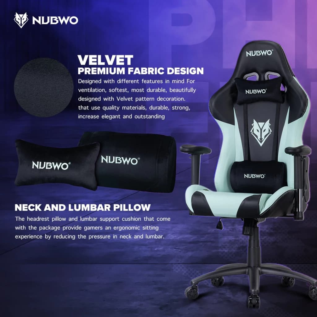 NUBWO เก้าอี้เกมมิ่ง เก้าอี้ทำงาน เก้าอี้สีดำ สีขาว สีแดง สีชมพู สีฟ้า สีเขียว หมอนกำมะหยี่ Gaming Chair Phenom ขาเหล็ก ปรับนอนได้ถึง 180 องศา รุ่น NBCH-007 เก้าอี้เกมมิ่งเพื่อสุขภาพ E-Sport https://lnwchill.com