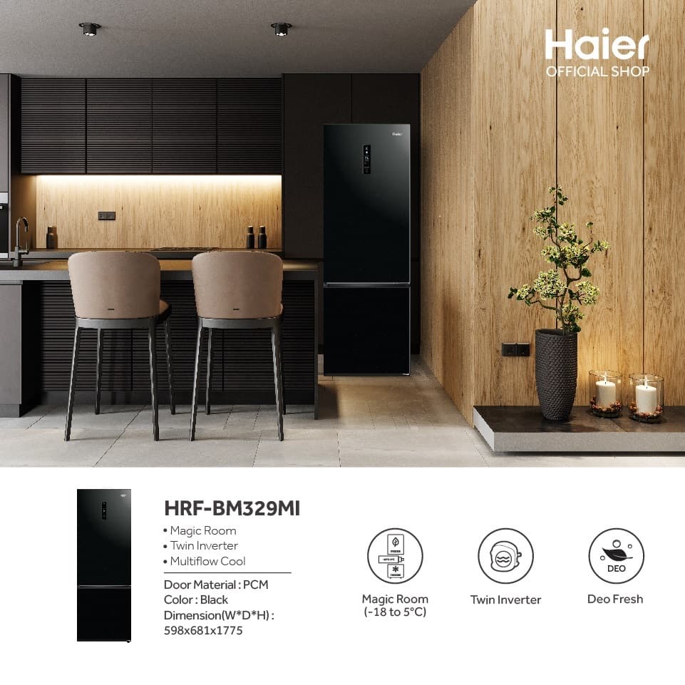 Haier HRF-BM329MI ตู้เย็น 2 ประตู 11.4Q 324L สี Flash Black ระบบ Inverter Magic Room ปรับอุณหภูมิอิสระ ประหยัดพลังงาน ดีไซน์หรูหราทันสมัย https://lnwchill.com