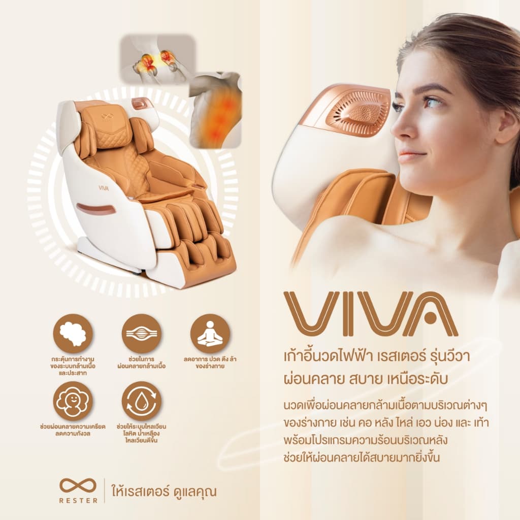 Rester Viva ปรับตำแหน่งการนวด ระบบสแกนร่างกาย Zero Gravity โปรแกรมอัตโนมัติ ปรับปรุงคุณภาพการนอนหลับ ลดความเครียด เสริมความผ่อนคลาย ด้วยโซฟานวดไฟฟ้า เพื่อบำบัดความผ่อนคลาย เก้าอี้เบาะนุ่ม https://lnwchill.com