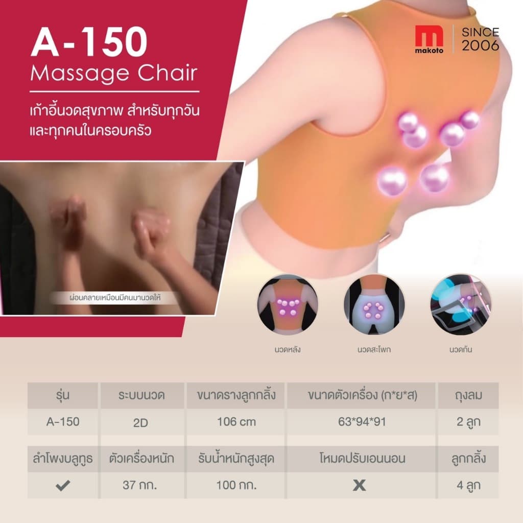 Makoto A-150 เก้าอี้นวดไฟฟ้า เก้าอี้นวด นวดผ่อนคลายด้วยลูกกลิ้ง มีลำโพง Bluetooth Massage Chair ฟื้นฟูร่างกาย ปรับตำแหน่งการนวด ด้วยโปรแกรมอัตโนมัติ https://lnwchill.com