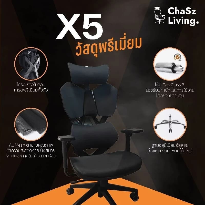 ChaSz Living เก้าอี้สุขภาพ รุ่น X5C Ergonomic Gaming Chair Black เก้าอี้สีดำ เก้าอี้เกมมิ่ง X5 Classic เก้าอี้ทำงานเพื่อสุขภาพ ระบายอากาศดีเยี่ยม เกรดพรีเมี่ยม https://lnwchill.com