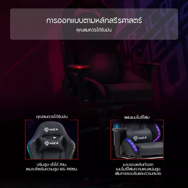 KUCA เก้าอี้คอม สีขาว สีดำ เก้าอี้เกมมิ่งเพื่อสุขภาพ เก้าอี้เกม gaming chair เก้าอี้เล่นเกมพร้อมไฟ LED เก้าอี้หรี่แสงได้ รับน้ำหนักได้ 500 kg. [รับประกัน 5 ปี] https://lnwchill.com