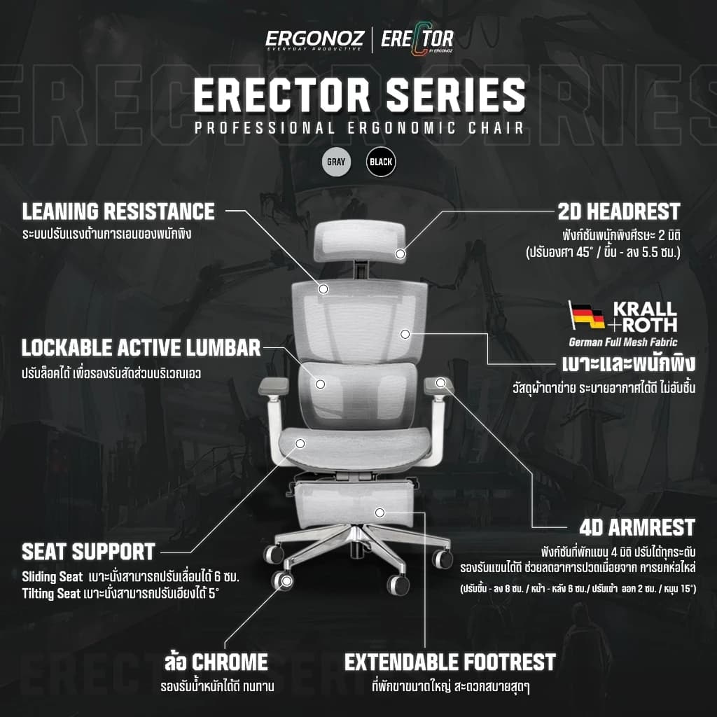 ERGONOZ รุ่น ERECTOR เก้าอี้สีเทา เก้าอี้สีดำ Professional Ergonomic chair เก้าอี้เพื่อสุขภาพ ฟังก์ชันพนักพิงศีรษะ มีที่พักเท้า รองรับน้ำหนักได้ 136 Kg. https://lnwchill.com