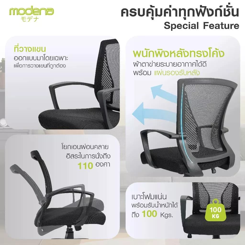 Modena เก้าอี้สำนักงาน รุ่น Wing (วิง) เก้าอี้สีดำ เก้าอี้พนักพิงต่ำ เก้าอี้ทำงาน ระบายอากาศดีเยี่ยม ราคาดีเกรดคุณภาพ รองรับน้ำหนัก 100 kg. https://lnwchill.com