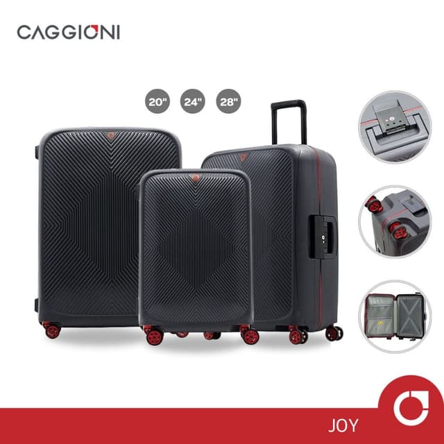 CAGGIONI รุ่น C20021 กระเป๋าเดินทางแบบโครง Joy Frame สีเทาดำ วัสดุ PP 100% น้ำหนักเบาพิเศษ แข็งแรงทนทาน ล็อก TSA ปลอดภัย