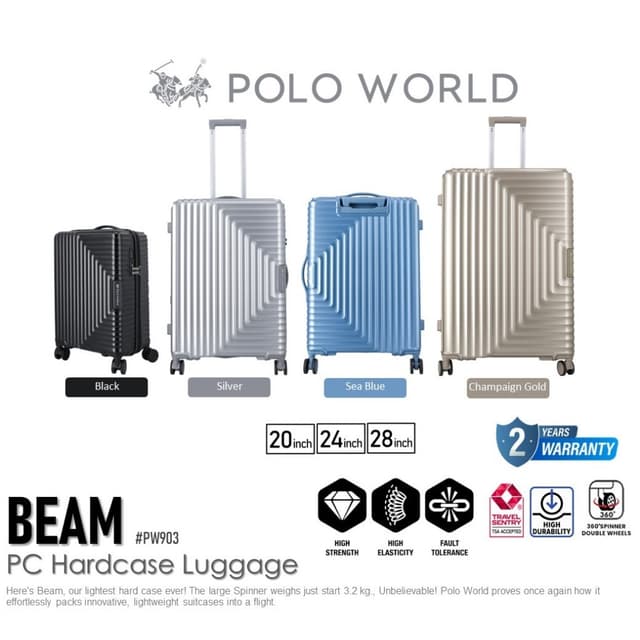 POLO WORLD รุ่น PW903 กระเป๋าเดินทาง Hardcase วัสดุ PC น้ำหนักเบาพิเศษ ล้อลากคู่ 360 องศา พร้อม TSA Lock