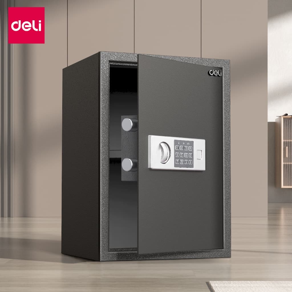 Deli รุ่น ET52 ตู้เซฟนิรภัยระบบอิเล็กทรอนิกส์ สีดำ ป้องกัน 2 ชั้นด้วยกุญแจและรหัสผ่าน มีให้เลือกหลากหลายขนาดตามความต้องการใช้งาน เหมาะสำหรับเก็บทรัพย์สินและเอกสารสำคัญ https://lnwchill.com