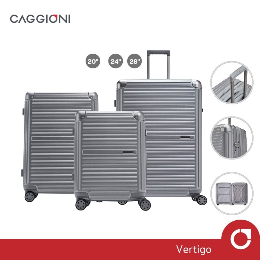 CAGGIONI รุ่น N19081 VERTIGO กระเป๋าเดินทางโพลีคาร์บอเนต สีเงิน ยืดหยุ่นสูง ล้อคู่หมุน 360 องศา พร้อมซิปขยายและ TSA Lock https://lnwchill.com