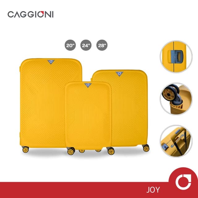 CAGGIONI กระเป๋าเดินทางแบบโครง รุ่น C20021 สีเหลือง วัสดุ PP 100% น้ำหนักเบาพิเศษ พร้อมตัวล็อค 3 ตำแหน่งเพื่อความปลอดภัยสูงสุดในการเดินทาง