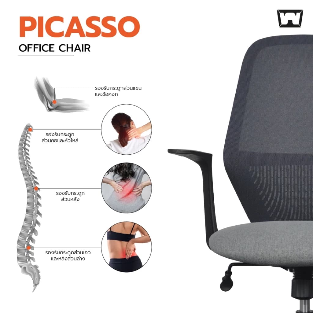 Work Station - Office chair เก้าอี้ทำงาน รุ่น Picasso เก้าอี้สีเทา สีแดง สีฟ้า เก้าอี้พนักพิงต่ำ ระบายอากาศดีเยี่ยม รองรับน้ำหนัก 136 kg. ราคาดี เกรดคุณภาพ https://lnwchill.com