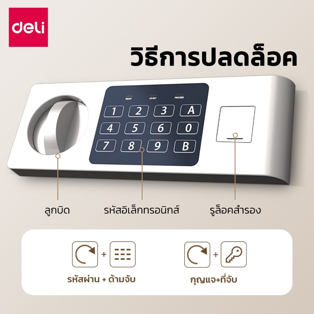 Deli รุ่น ET52 ตู้เซฟนิรภัยระบบอิเล็กทรอนิกส์ สีดำ ป้องกัน 2 ชั้นด้วยกุญแจและรหัสผ่าน มีให้เลือกหลากหลายขนาดตามความต้องการใช้งาน เหมาะสำหรับเก็บทรัพย์สินและเอกสารสำคัญ https://lnwchill.com