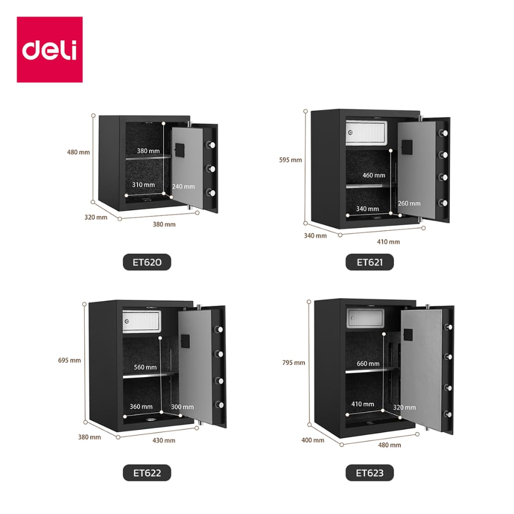 Deli รุ่น ET620, ET621, ET622, ET623 ตู้เซฟนิรภัยเหล็กกล้า ล็อค 2 ชั้นด้วยรหัสผ่านและกุญแจ พร้อมระบบแจ้งเตือนเมื่อใส่รหัสผิด ปลอดภัย มั่นใจทุกการจัดเก็บ https://lnwchill.com
