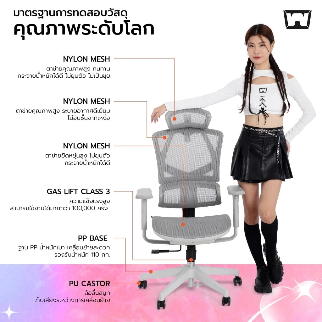 Work Station - Ergonomic chair เก้าอี้ทำงานเพื่อสุขภาพ รุ่น Model N เก้าอี้สีเทา นุ่มสบาย ตามหลักสรีระศาสตร์ ราคาดี ลดอาการปวดเมื่อย รองรับน้ำหนัก 110 kg. https://lnwchill.com
