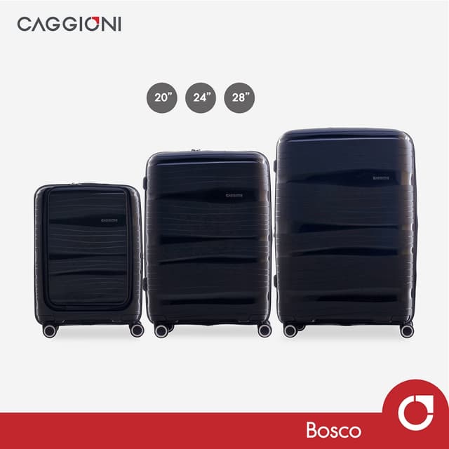Caggioni รุ่น Bosco 18081-01 กระเป๋าเดินทางแบบแข็ง สีดำ วัสดุ PP ทรงเหลี่ยม แข็งแรงทนทาน ล้อลาก 360 องศา จุสัมภาระได้สะดวกสบาย
