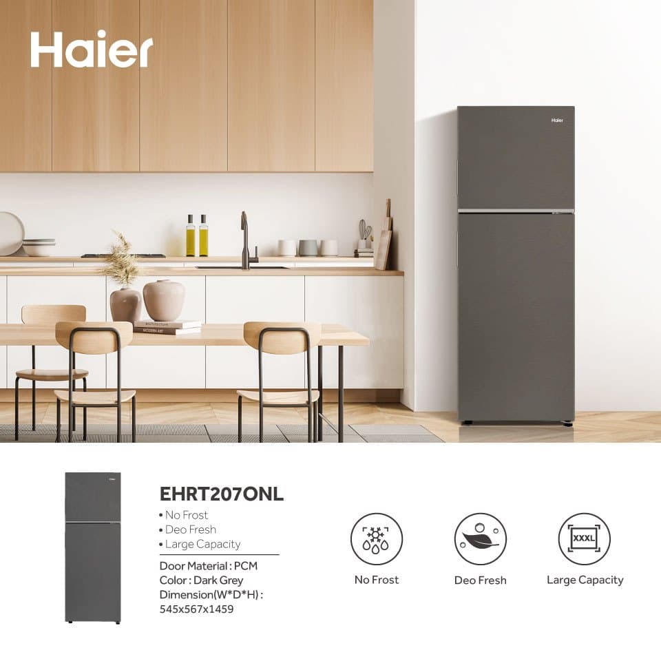 Haier ตู้เย็น 2 ประตู รุ่น EHRT207ONL ขนาด 7.6 คิว ระบบ Fix Speed ดีไซน์สีไทเทเนียม ความจุ 216 ลิตร https://lnwchill.com