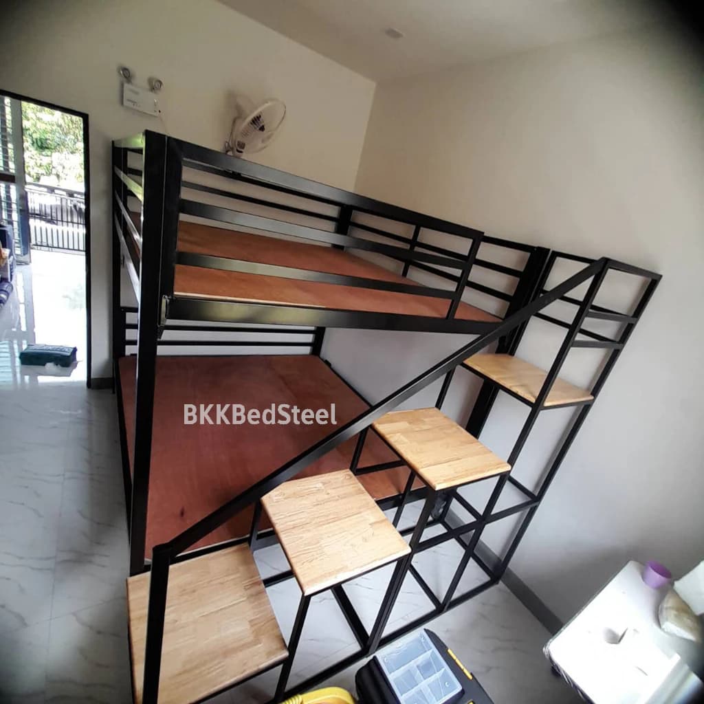 เตียง 2 ชั้น บันไดเดินขึ้นข้าง กันตกรอบเตียง ทำจากเหล็กกล่อง หนา1.2 มิล แข็งแรง ไม่โยก https://lnwchill.com