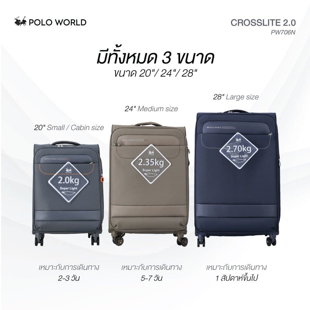 POLO WORLD รุ่น PW706N CrossLite 2.0 กระเป๋าเดินทางผ้า Super Light น้ำหนักเบาพิเศษ มาพร้อมล้อลากและดีไซน์ทันสมัยเพื่อทุกการเดินทางของคุณ https://lnwchill.com