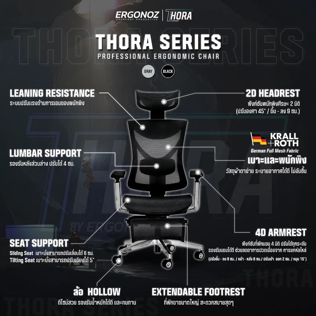 ERGONOZ เก้าอี้ทำงาน รุ่น THORA Professional Ergonomic chair เก้าอี้สีเทา เก้าอี้สีดำ เก้าอี้คอมพิวเตอร์ เพื่อสุขภาพ รับน้ำหนักได้ 136 kg. https://lnwchill.com