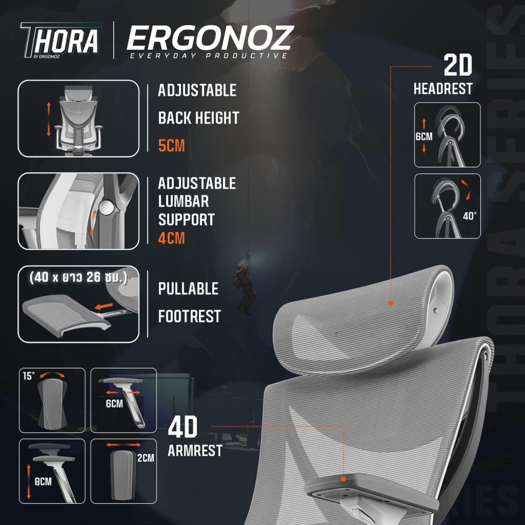 ERGONOZ รุ่น THORA Professional Ergonomic chair เก้าอี้เพื่อสุขภาพ ปรับพนักพิงสูง 4D Armrest รองรับน้ำหนัก 136kg ผ้าตาข่ายเยอรมันระบายอากาศดีมีที่พักเท้าปรับนอนได้สีทันสมัย https://lnwchill.com
