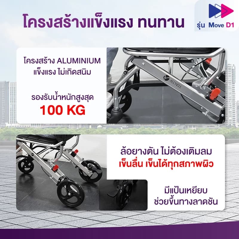 Allwell รถเข็นผู้ป่วย น้ำหนักเบาที่สุด เกรดเครื่องมือแพทย์ วีลแชร์ พับได้ รุ่น Move D1 รับประกัน 1 ปี https://lnwchill.com