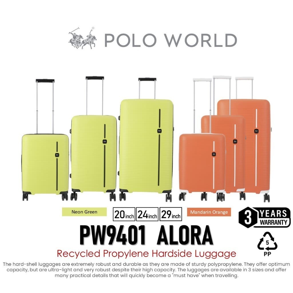 POLO WORLD รุ่น PW9401 ALORA กระเป๋าเดินทาง Hardside วัสดุ Re-PP เป็นมิตรต่อสิ่งแวดล้อม ดีไซน์สวยการันตีรางวัลระดับโลก น้ำหนักเบา ทนทาน รับประกัน 3 ปี https://lnwchill.com