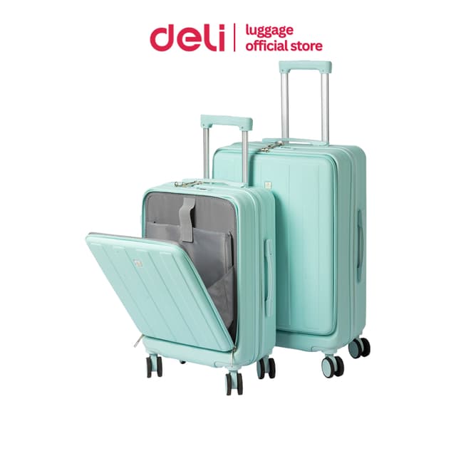 Deli รุ่น EH1054 กระเป๋าเดินทางเฟรมซิป 20/24 นิ้ว วัสดุ ABS+PC แข็งแรงทนทาน พร้อมที่วางแก้วและพอร์ตชาร์จ USB ตอบโจทย์ทุกการเดินทางอย่างมีสไตล์