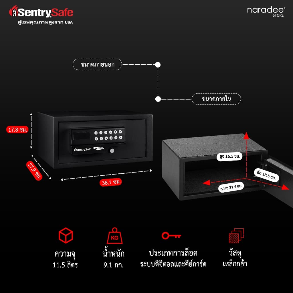 SentrySafe รุ่น H060ES ตู้นิรภัยระบบดิจิทัลพร้อมคีย์การ์ด สีดำ ดีไซน์กะทัดรัด เหมาะสำหรับบ้านและโรงแรม มอบความปลอดภัยขั้นสูงด้วยโครงสร้างเหล็กกล้าและสลักกลอน 2 ตัว https://lnwchill.com