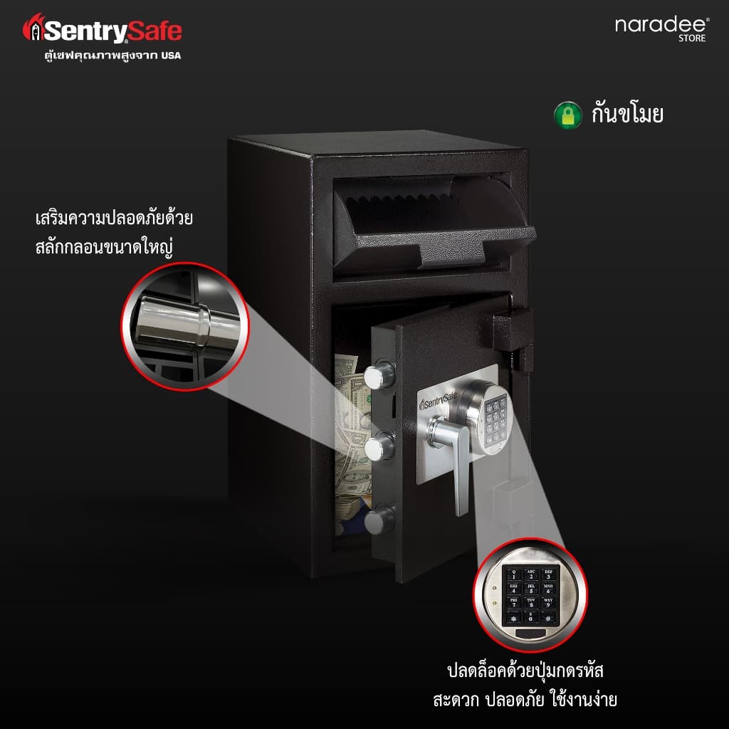 SentrySafe รุ่น DH-109E ตู้เซฟนิรภัยระบบรหัสอิเล็กทรอนิกส์ มาพร้อมโครงสร้างเหล็กแข็งแกร่งและประตูที่ออกแบบมาเพื่อป้องกันการงัดแงะโดยเฉพาะ เหมาะสำหรับเก็บเงินสดและทรัพย์สินมีค่า https://lnwchill.com