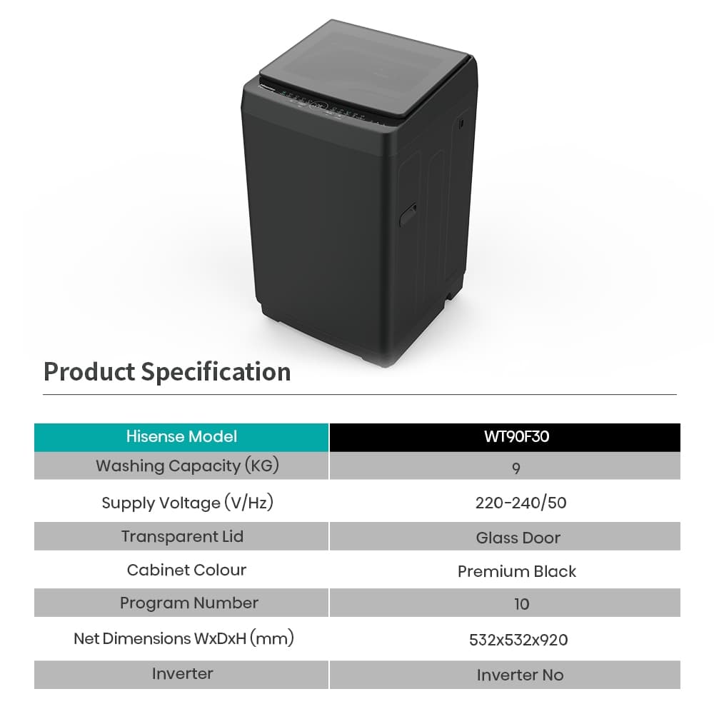 HISENSE เครื่องซักผ้าฝาบน รุ่น WT90F30 ความจุ 9 กิโลกรัม สีดำ ดีไซน์พรีเมียมด้วยฝากระจกทนทาน พร้อม 10 โปรแกรมซักอัจฉริยะ ตอบโจทย์ทุกการซักผ้าอย่างมืออาชีพ https://lnwchill.com