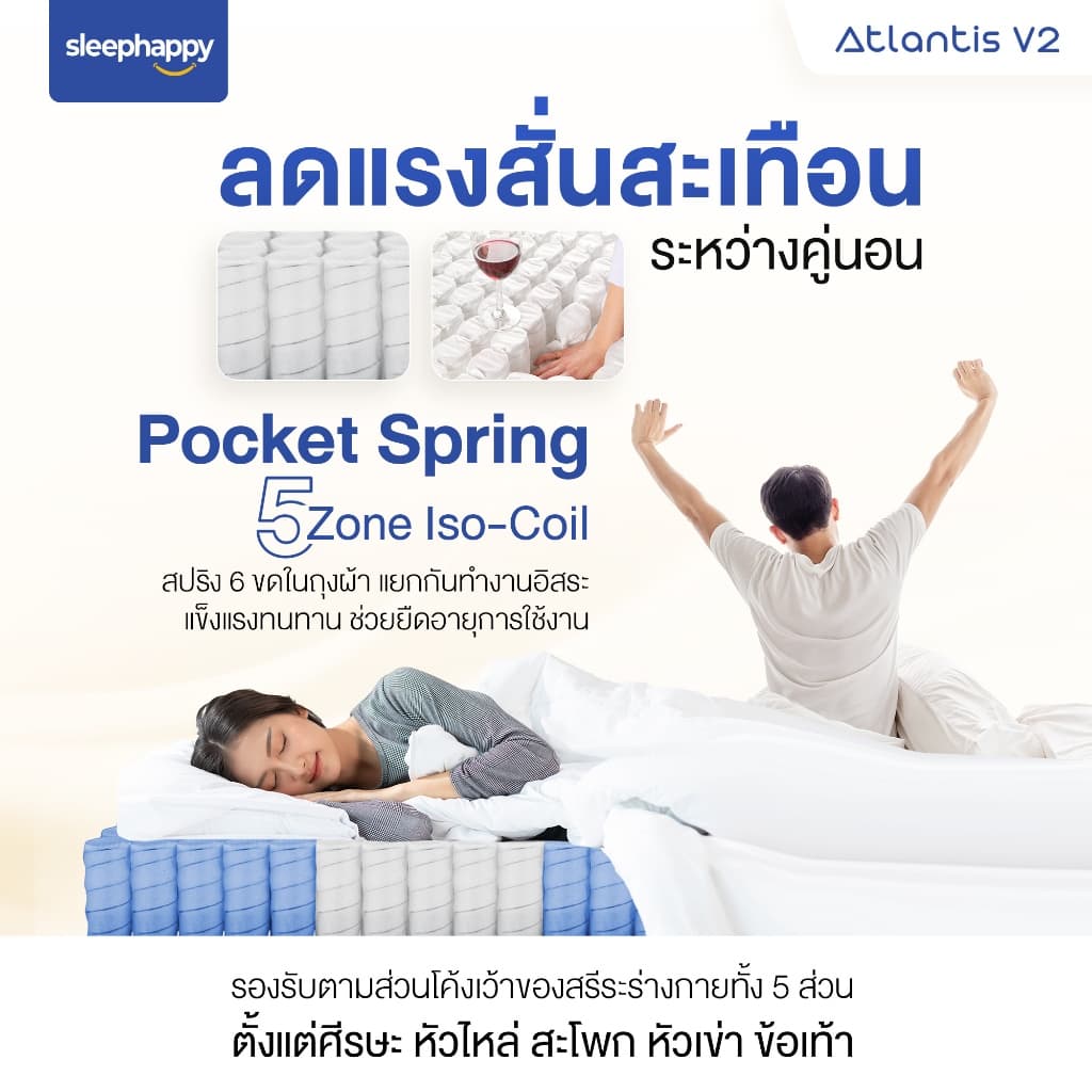 SleepHappy รุ่น Atlantis V2 และ Atlantis V2 Lite ที่นอนยางพาราพ็อกเก็ตสปริง ผสานนวัตกรรมชาโคล สัมผัสนุ่มเด้งและแน่นนุ่ม รองรับสรีระ ลดอาการปวดหลัง https://lnwchill.com