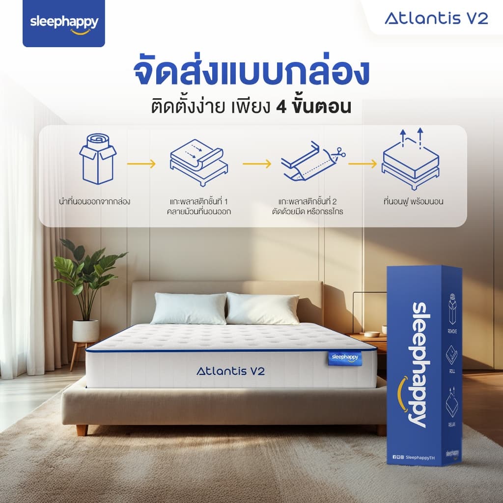 SleepHappy รุ่น Atlantis V2 ที่นอนยางพาราและพ็อกเก็ตสปริง 5 ฟุต ผสานชาโคลโฟม นุ่มเด้ง ลดปวดหลัง https://lnwchill.com