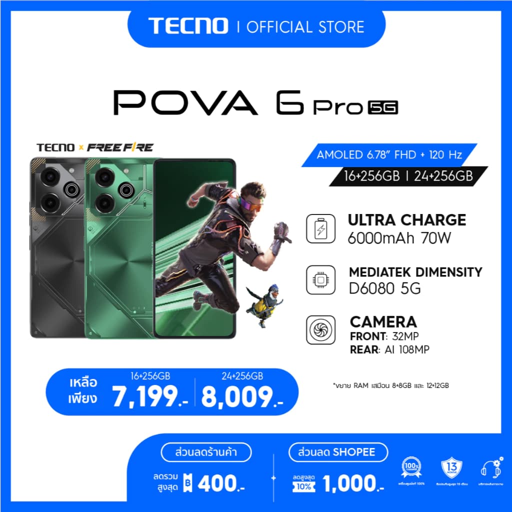 TECNO Pova 6 Pro 5G |70W Fast charge | 6000mAh | หน้าจอ AMOLED 120HZ | 108MP | รับประกัน 13 เดือน https://lnwchill.com