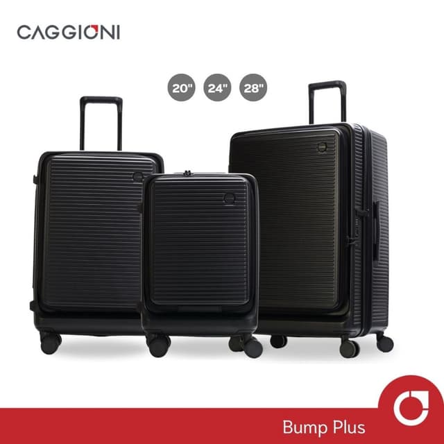 CAGGIONI รุ่น Bump Plus 24121 กระเป๋าเดินทางสีดำ วัสดุ Makrolon แข็งแรงทนทาน เปิดฝาหน้าได้สะดวก ฟังก์ชันครบครันสำหรับการเดินทาง