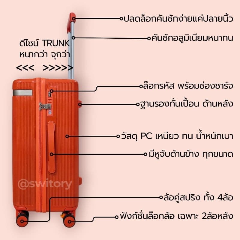 SWITORY รุ่น PANDORA150 กระเป๋าเดินทางทรงตู้เย็น 5 ล้อ วัสดุ PC เหนียว ทนทาน น้ำหนักเบา มีให้เลือก 3 ขนาด 20, 24, 28 นิ้ว https://lnwchill.com
