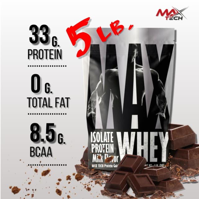 MaxTech Isolate เวย์โปรตีนไอโซเลท โปรตีนสูง 33 กรัม ขนาด 5 ปอนด์ สำหรับสร้างกล้ามเนื้อ ปราศจากไขมันและน้ำตาล รสช็อกโกแลต
