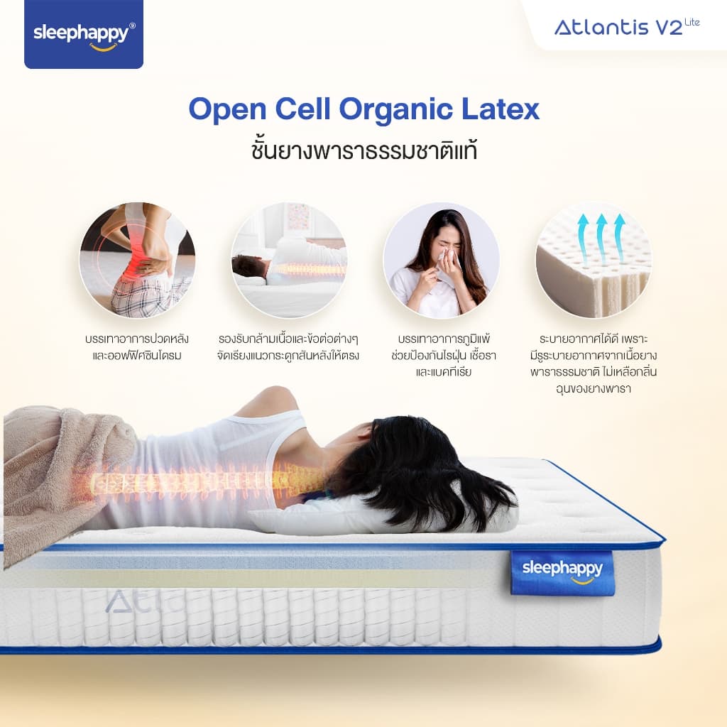 SleepHappy รุ่น Atlantis V2 Lite ที่นอนยางพาราพ็อกเก็ตสปริง หนา 7 นิ้ว สัมผัสแน่นนุ่ม รองรับสรีระ ลดปวดหลัง https://lnwchill.com