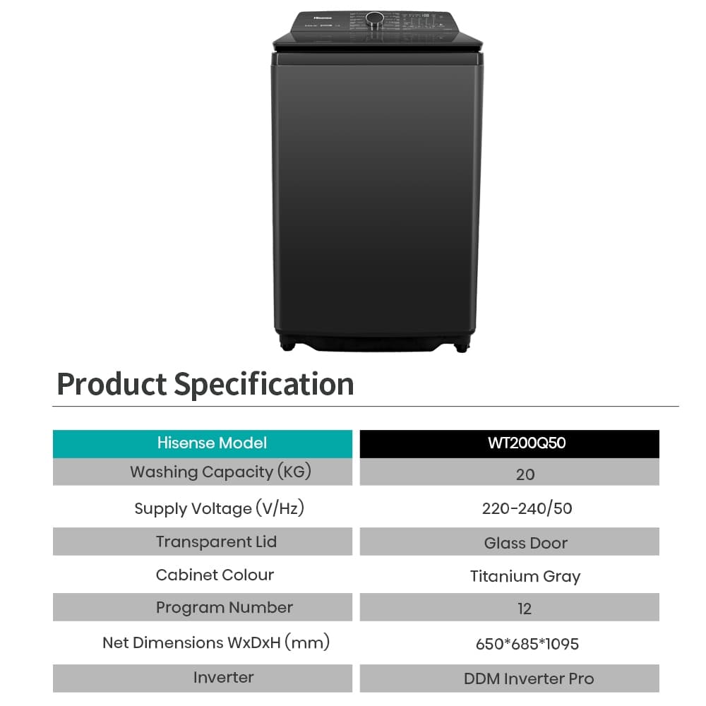 Hisense WT200Q50 เครื่องซักผ้าฝาบน Inverter 20 กก. สีดำ รุ่น WT200Q50 มอเตอร์ประหยัดพลังงาน AI Wash อัจฉริยะ ซักสะอาดถนอมผ้าความจุใหญ่พิเศษสำหรับครอบครัว https://lnwchill.com