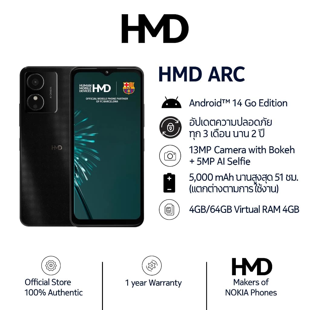 Nokia HMD ARC (4/64) จอขนาด 6.52" แบตเตอรี่ 5000 mAh ROM: 64GB รองรับการ์ด MicroSD สูงสุด:128 GB RAM:4GB https://lnwchill.com