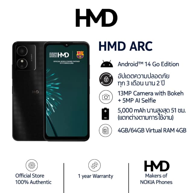 Nokia HMD ARC (4/64) จอขนาด 6.52" แบตเตอรี่ 5000 mAh ROM: 64GB รองรับการ์ด MicroSD สูงสุด:128 GB RAM:4GB