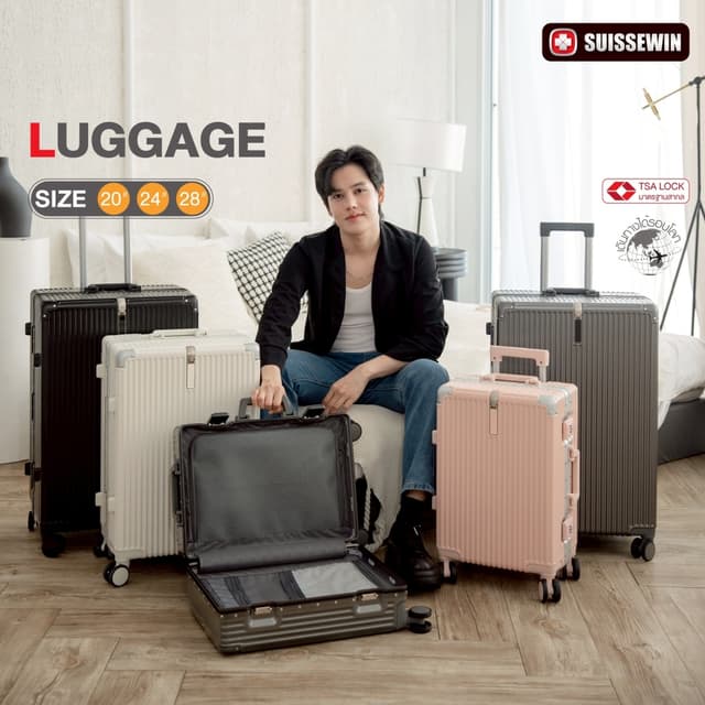 suissewin รุ่น CR95 กระเป๋าเดินทางล้อลากเฟรมอลูมิเนียม วัสดุ PC พร้อม TSA Lock เสริมมุมกันกระแทกเพื่อการเดินทางรอบโลกที่มั่นใจ