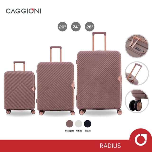 CAGGIONI รุ่น Radius C18123 กระเป๋าเดินทาง โพลีคาร์บอเนต สีโรสโกลด์ ซิปขยายได้ ล้อลาก 360 องศา โครงสร้างเบาพิเศษ ดีไซน์ทันสมัย