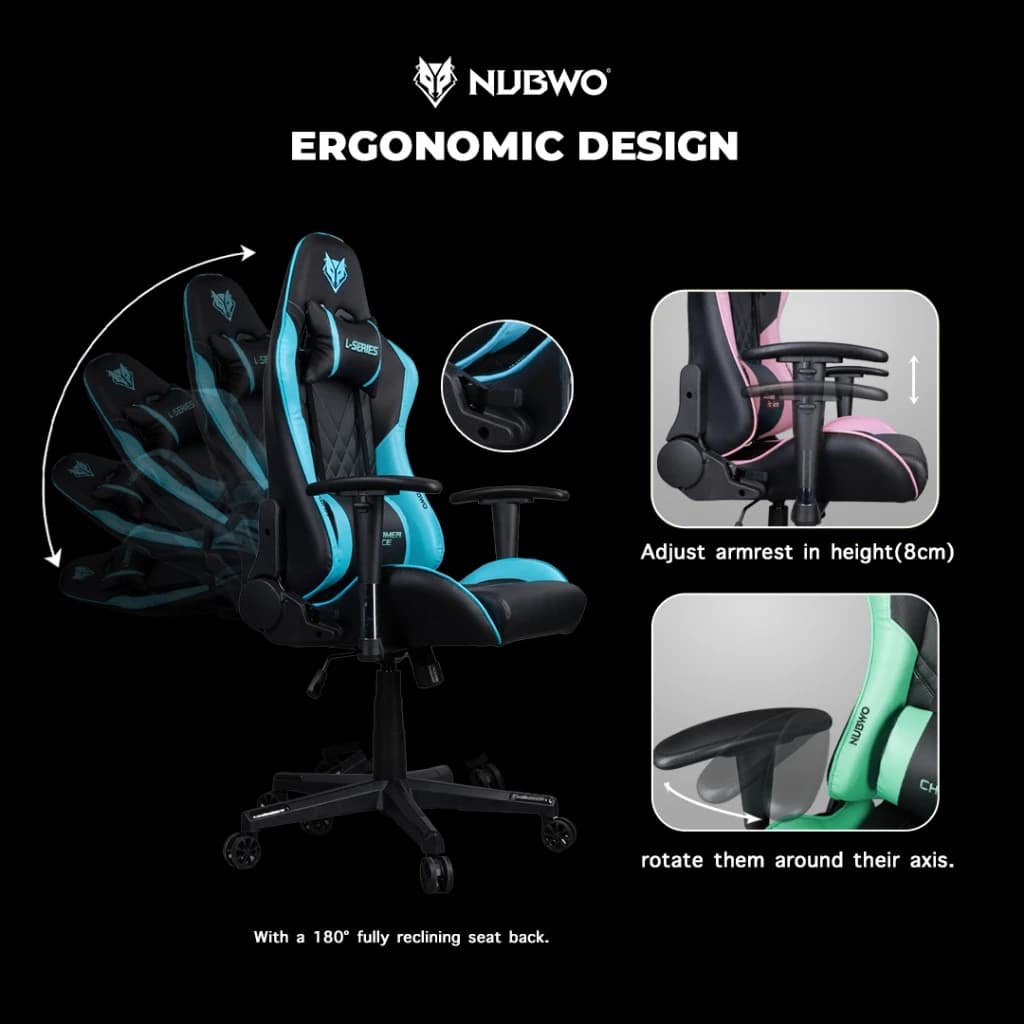 NUBWO เก้าอี้สำหรับเล่นเกม เก้าอี้นั่งทำงาน มีหลายสี เก้าอี้สีดำ สีเขียว สีชมพู สีเทา สีฟ้า GAMING CHAIR ลดอาการปวดเมื่อย ปรับเอนได้สูงสุด 180 องศา มีหลากหลายสี รุ่น L117 https://lnwchill.com
