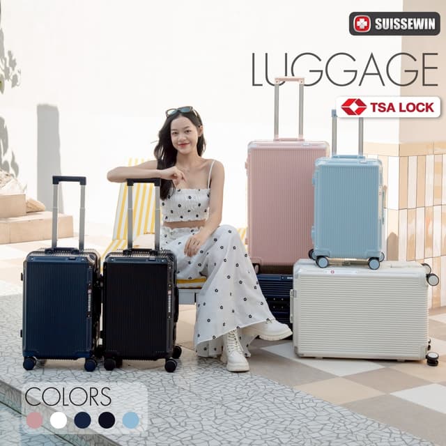 SUISSEWIN รุ่น SC700 กระเป๋าเดินทางเฟรมอลูมิเนียม วัสดุ PC พร้อม TSA Lock ช่องเสียบ USB ที่วางแก้ว ดีไซน์หรู ฟังก์ชันครบครันสำหรับการเดินทาง