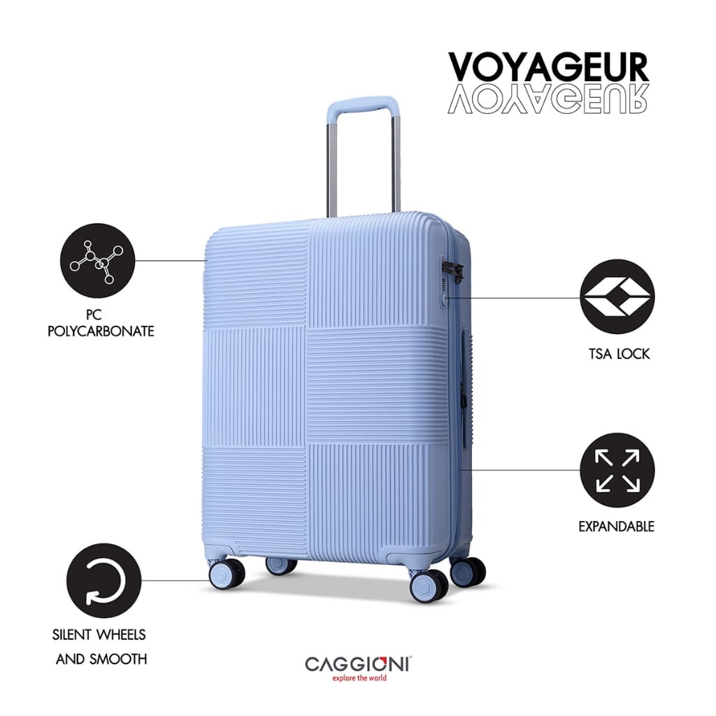 CAGGIONI รุ่น โวยาจเกอร์ 15082 กระเป๋าเดินทางโพลีคาร์บอเนตสีชมพูนู๊ด โครงสร้างเบาพิเศษ มีซิปขยายเพิ่มความจุและล้อหมุน 360 องศา https://lnwchill.com