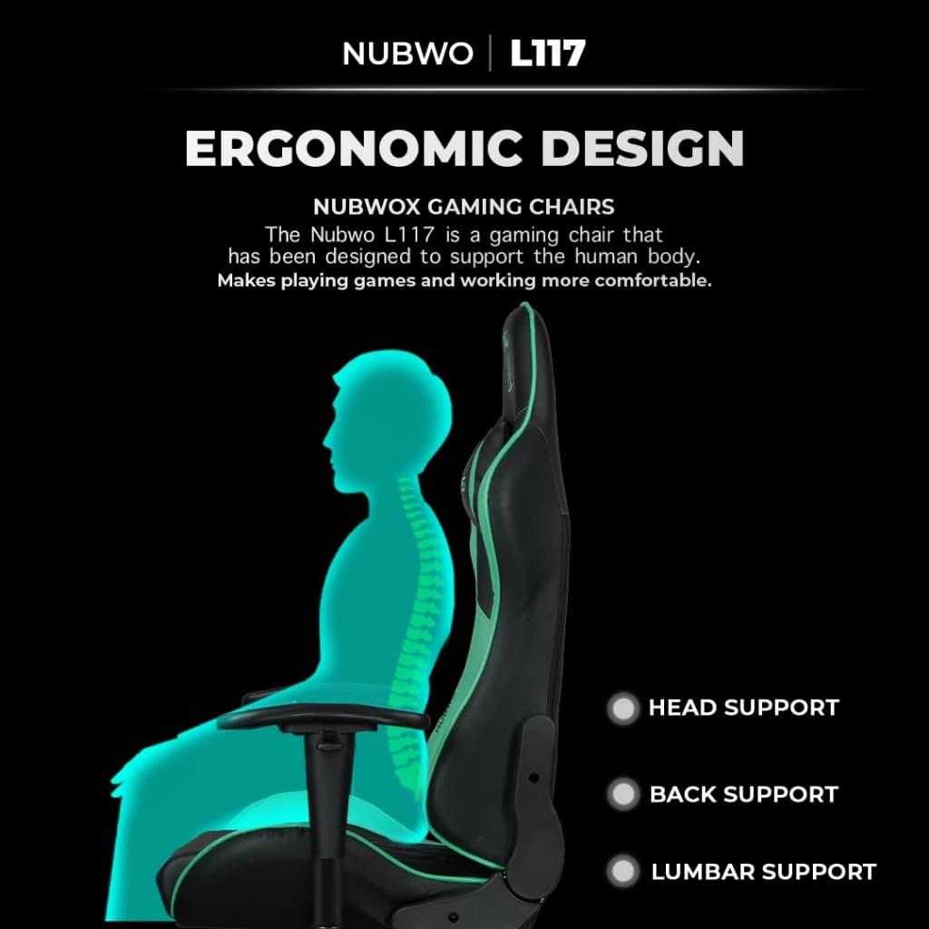 NUBWO เก้าอี้สำหรับเล่นเกม เก้าอี้นั่งทำงาน มีหลายสี เก้าอี้สีดำ สีเขียว สีชมพู สีเทา สีฟ้า GAMING CHAIR ลดอาการปวดเมื่อย ปรับเอนได้สูงสุด 180 องศา มีหลากหลายสี รุ่น L117 https://lnwchill.com