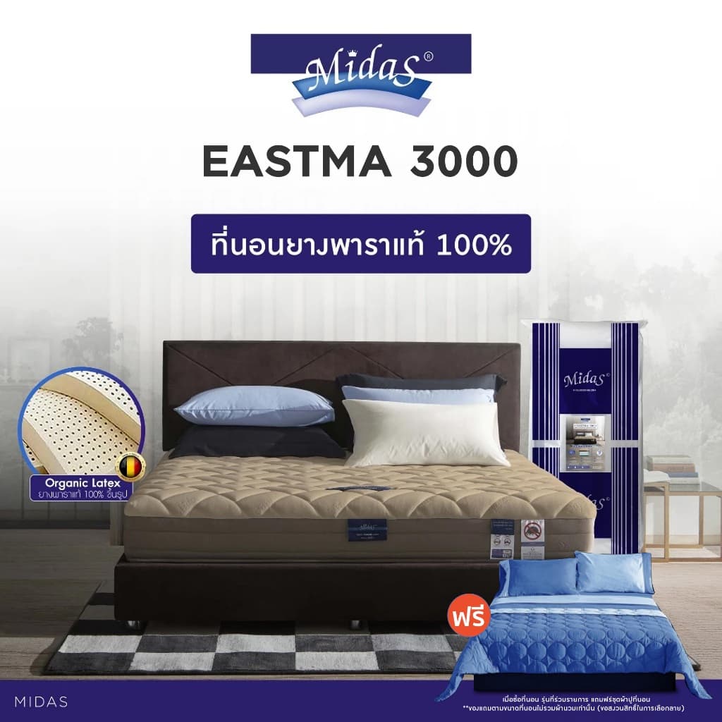 Midas รุ่น Eastma 3000 ที่นอนยางพาราธรรมชาติ 100% Organic Latex โครงสร้าง Opened Cell รองรับสรีระ ลดอาการปวดหลัง https://lnwchill.com